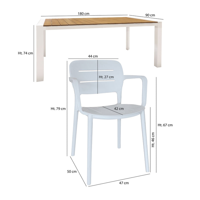 Ensemble de jardin table naturel et blanc 180cm avec 6 fauteuils blanc BASUN