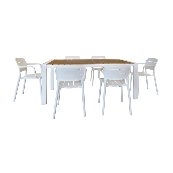 Ensemble de jardin table naturel et blanc 180cm avec 6 fauteuils blanc BASUN