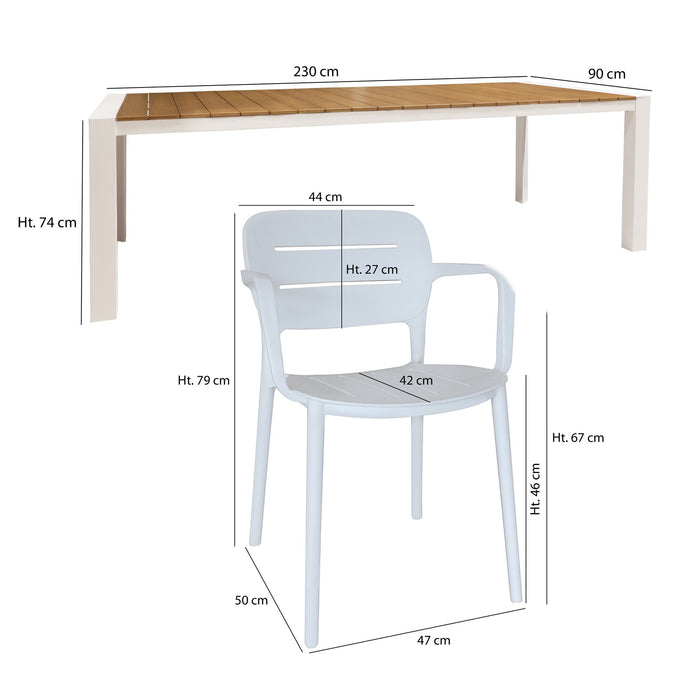 Ensemble de jardin table naturel et blanc 230cm avec 8 fauteuils blancs BASUN