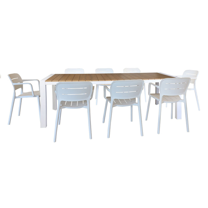 Ensemble de jardin table naturel et blanc 230cm avec 8 fauteuils blancs BASUN