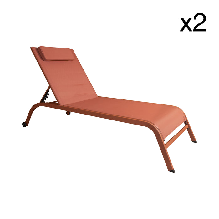 Lot de 2 chaises longue Napoli en acier et textilène corail