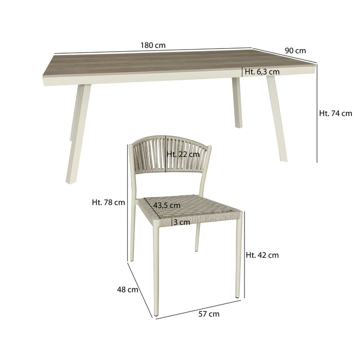 Ensemble table en aluminium Figari sable et 6 chaises en corde