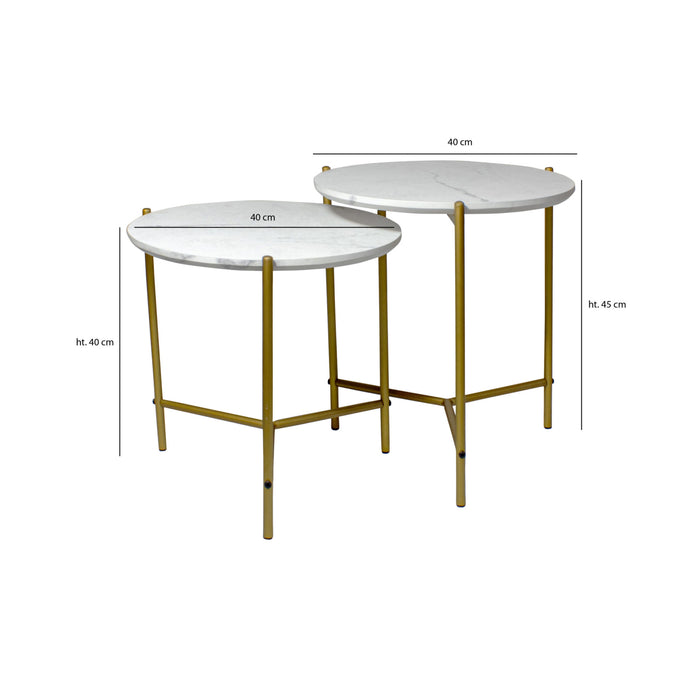 Set de 2 tables basses Shiap effet marbre blanc et ses pieds en métal doré mat H 40 et 45 cm